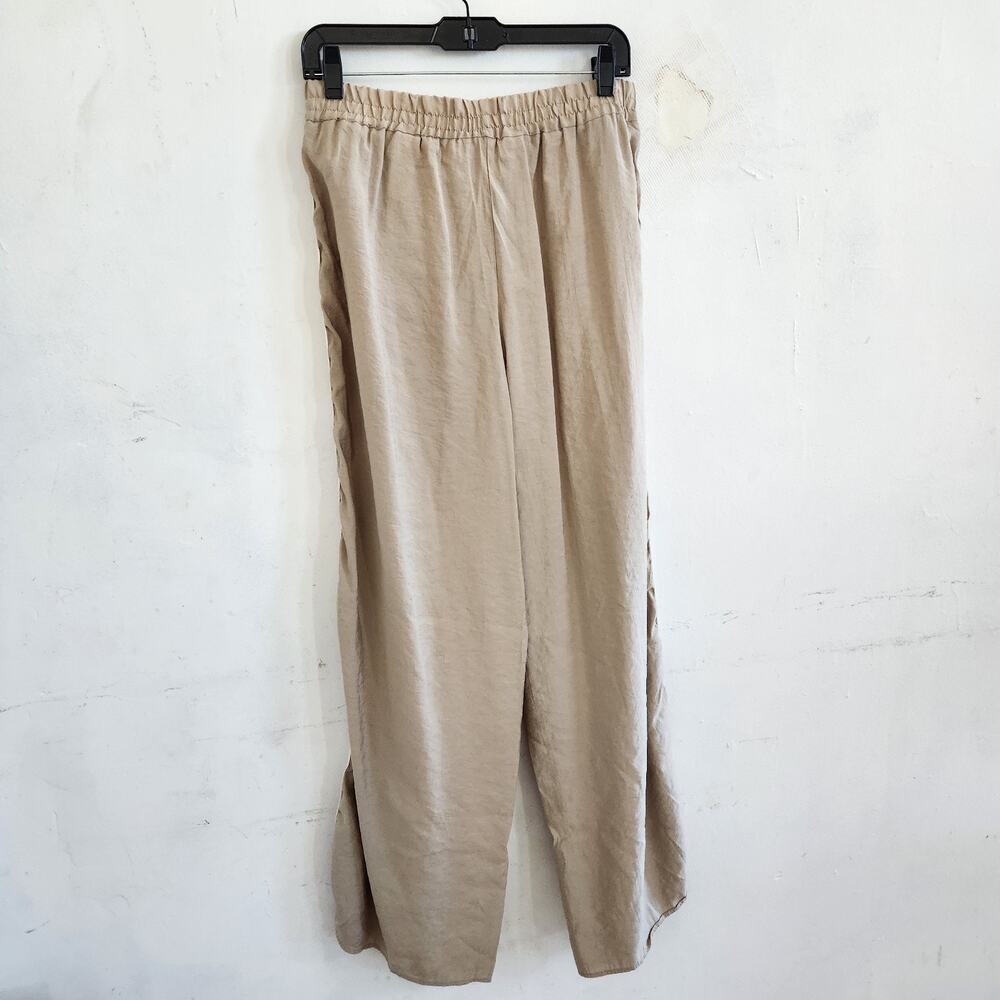 ZARA Sz L Tan Drawstring Flowy Pants Elastic Waist Wide Leg White Stripe - Picture 3 of 8